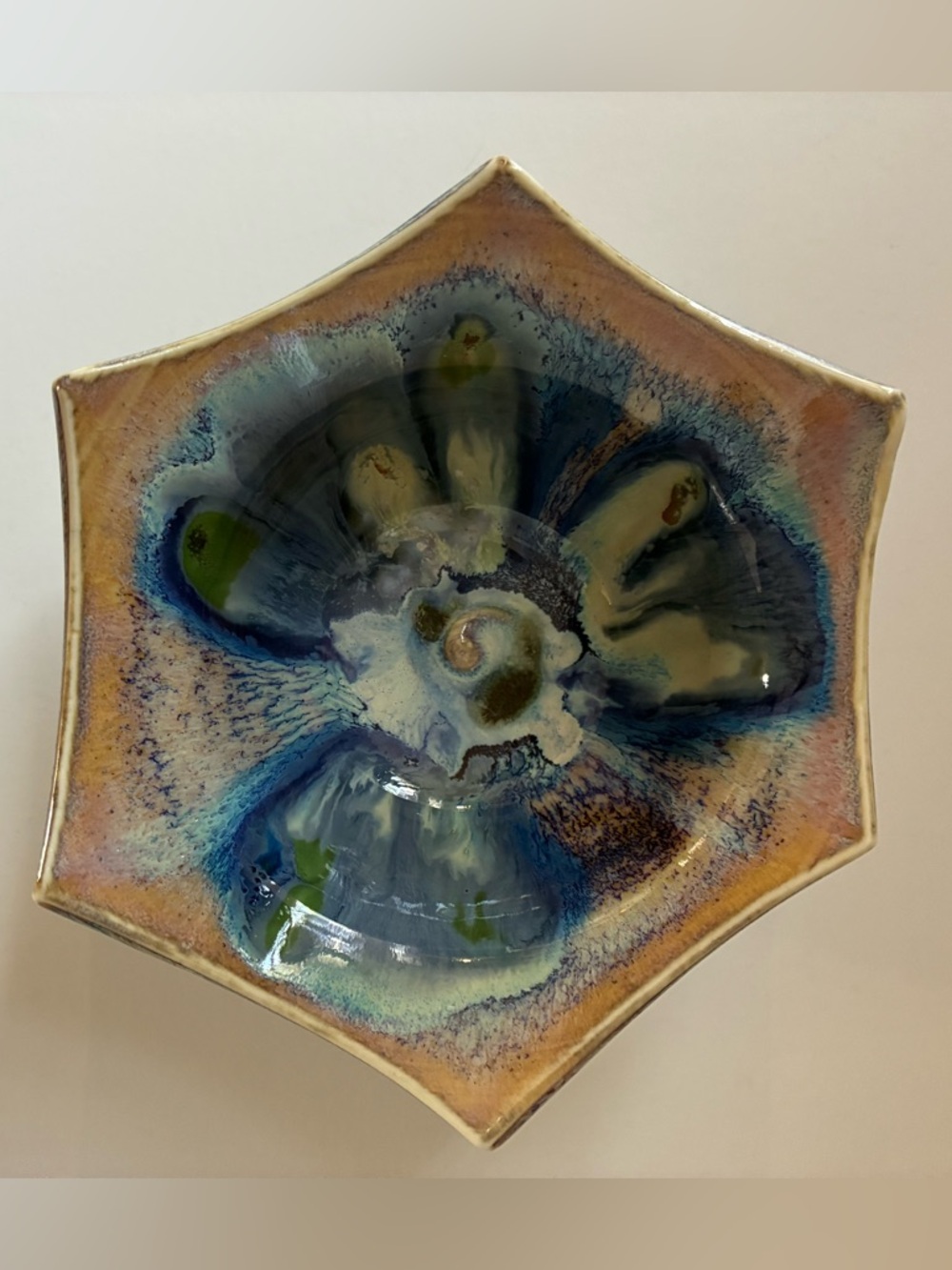 Phil Mayhew Vintage Signed MCM Hexagonal Drip Glaze Ceramic Pottery Dish Bowl